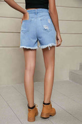 Fringe Trim Distressed Denim Shorts with Pockets
